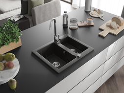 Mexen Carlos zlewozmywak granitowy 1,5-komorowy z baterią kuchenną Telma, czarny/złoty metalik - 6518-75-670200-00