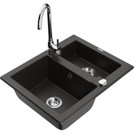 Mexen Carlos zlewozmywak granitowy 1,5-komorowy z baterią kuchenną Telma, czarny/złoty metalik - 6518-75-670200-00