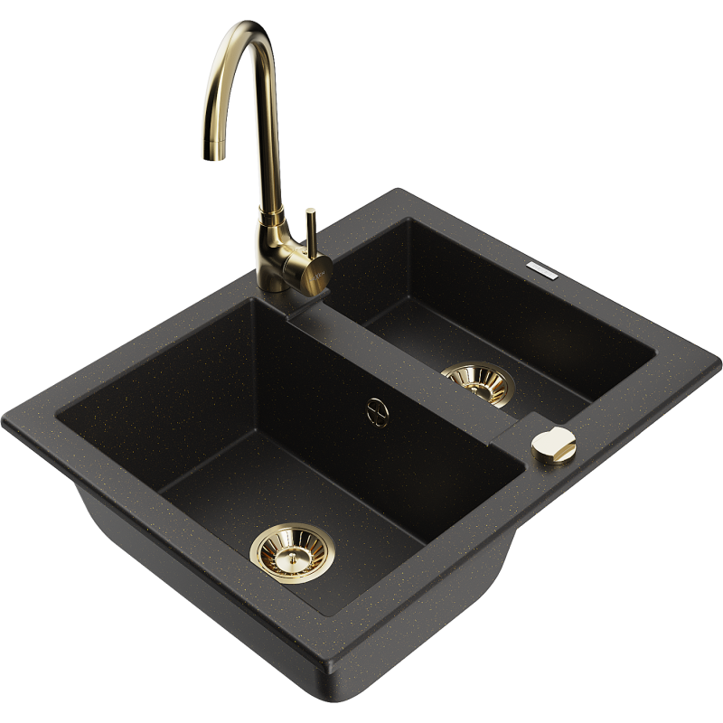Mexen Carlos zlewozmywak granitowy 1,5-komorowy z baterią kuchenną Telma, czarny/złoty metalik - 6518-75-670200-50