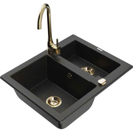 Mexen Carlos zlewozmywak granitowy 1,5-komorowy z baterią kuchenną Telma, czarny/złoty metalik - 6518-75-670200-50