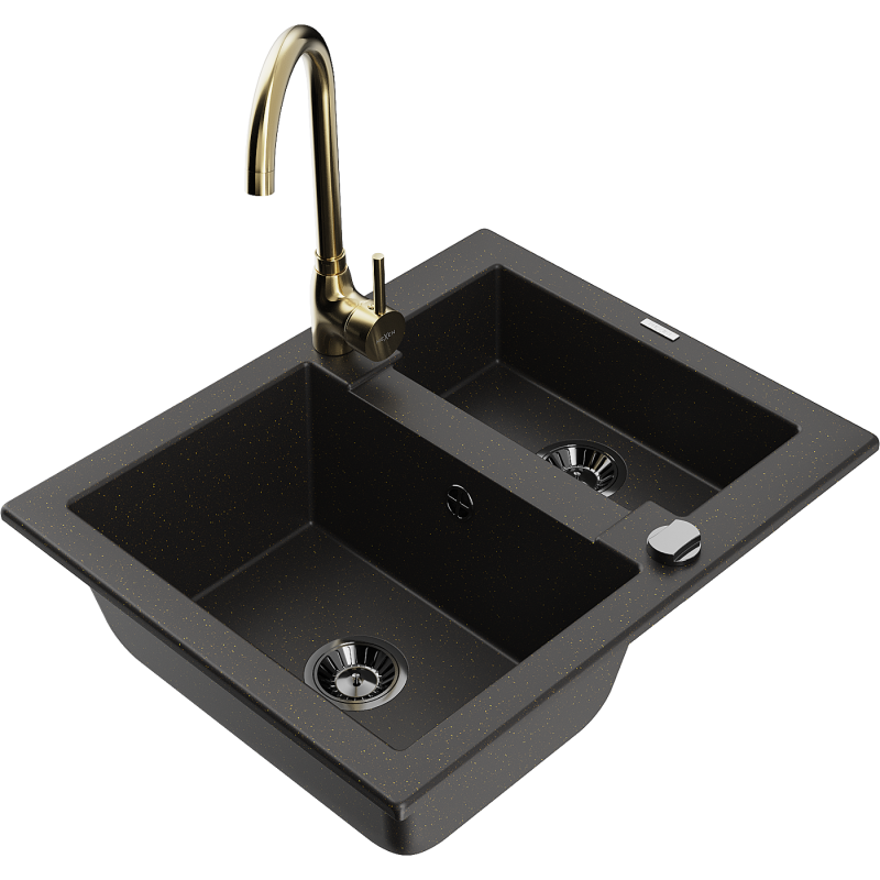 Mexen Carlos zlewozmywak granitowy 1,5-komorowy z baterią kuchenną Telma, czarny/złoty metalik - 6518-75-670200-50-B