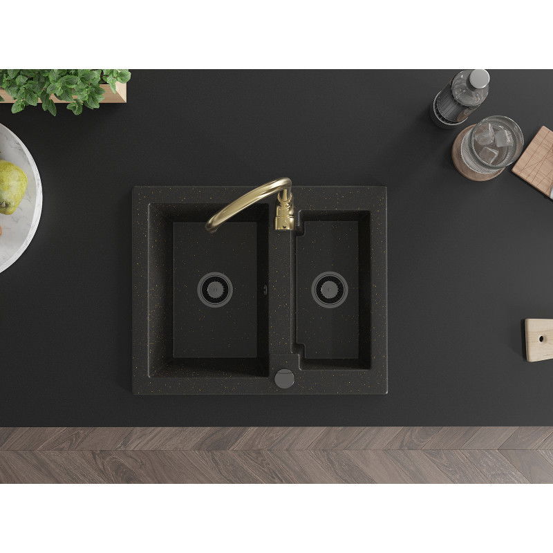 Mexen Carlos zlewozmywak granitowy 1,5-komorowy z baterią kuchenną Telma, czarny/złoty metalik - 6518-75-670200-50-B