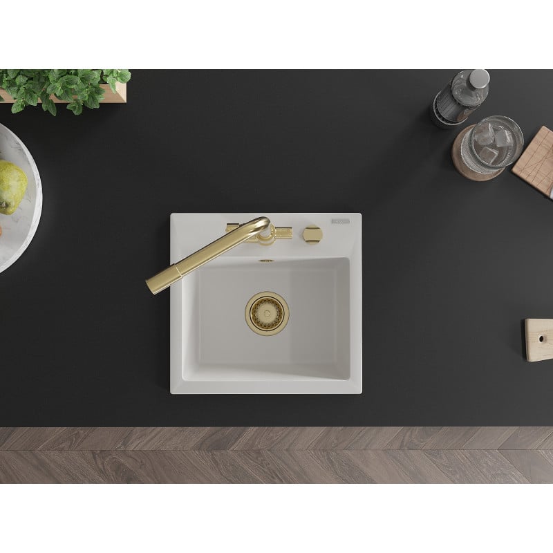 Mexen Milo zlewozmywak granitowy 1-komorowy z baterią kuchenną Duero, biały - 6505-20-671600-50