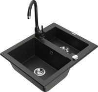 Mexen Carlos zlewozmywak granitowy 1,5-komorowy z baterią kuchenną Telma, czarny/złoty metalik - 6518-75-670200-70