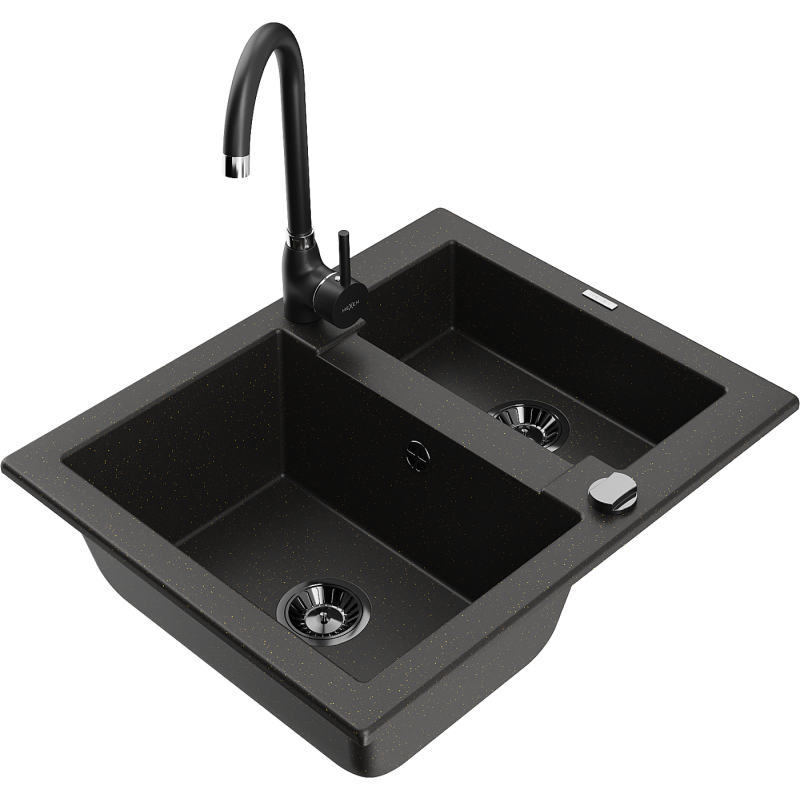 Mexen Carlos zlewozmywak granitowy 1,5-komorowy z baterią kuchenną Telma, czarny/złoty metalik - 6518-75-670200-70-B