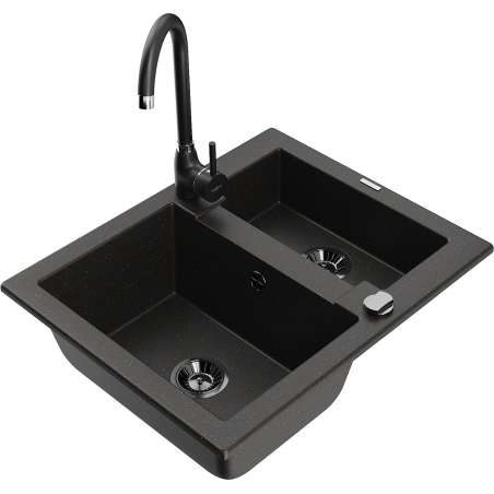 Mexen Carlos zlewozmywak granitowy 1,5-komorowy z baterią kuchenną Telma, czarny/złoty metalik - 6518-75-670200-70-B