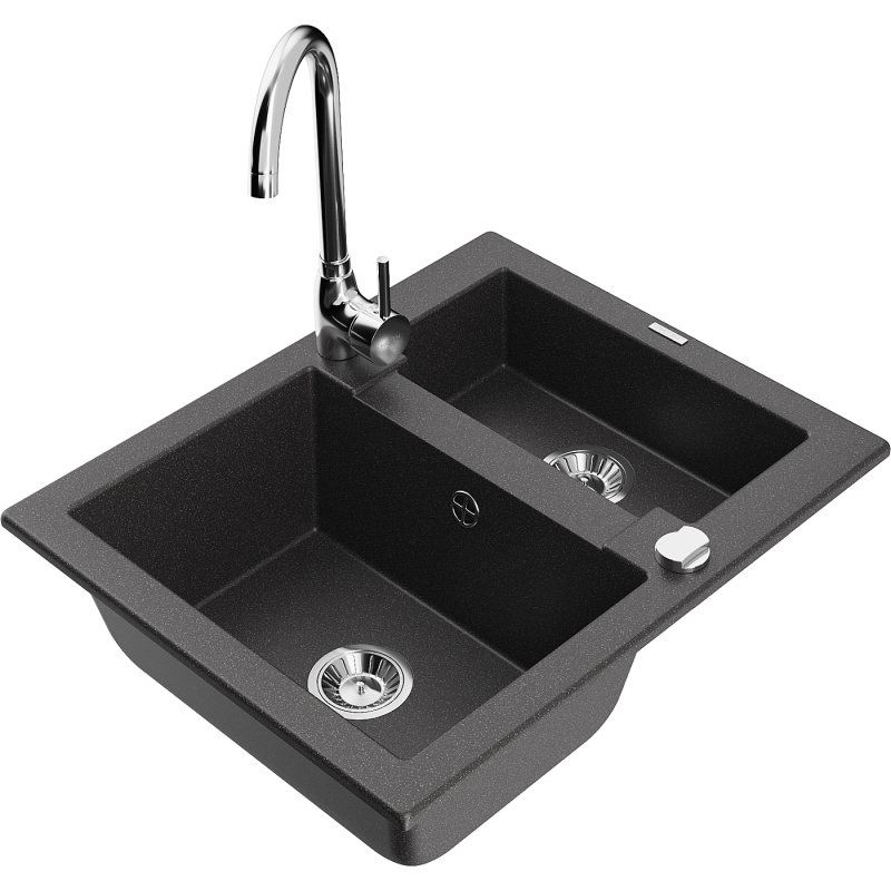 Mexen Carlos zlewozmywak granitowy 1,5-komorowy z baterią kuchenną Telma, czarny nakrapiany - 6518-76-670200-00