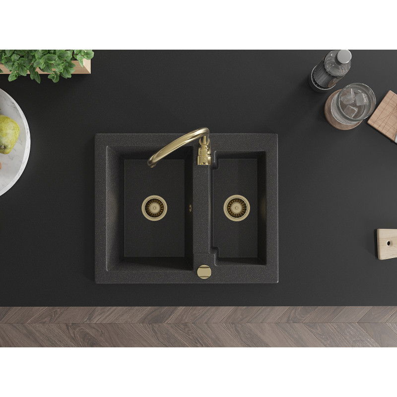 Mexen Carlos zlewozmywak granitowy 1,5-komorowy z baterią kuchenną Telma, czarny nakrapiany - 6518-76-670200-50
