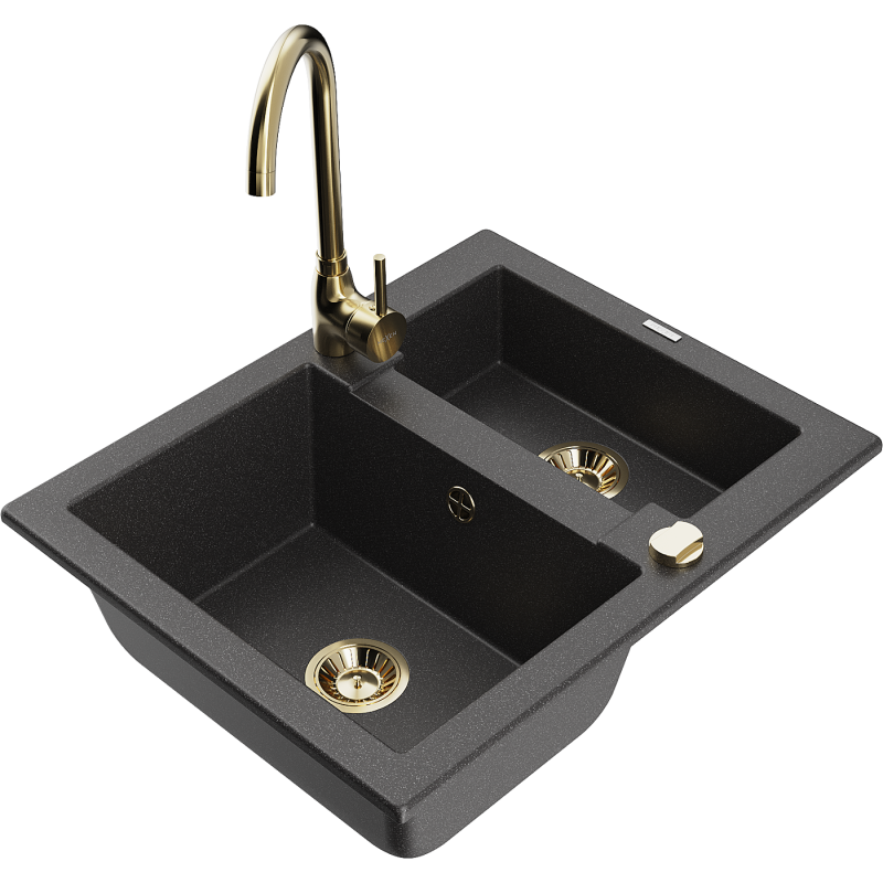 Mexen Carlos zlewozmywak granitowy 1,5-komorowy z baterią kuchenną Telma, czarny nakrapiany - 6518-76-670200-50