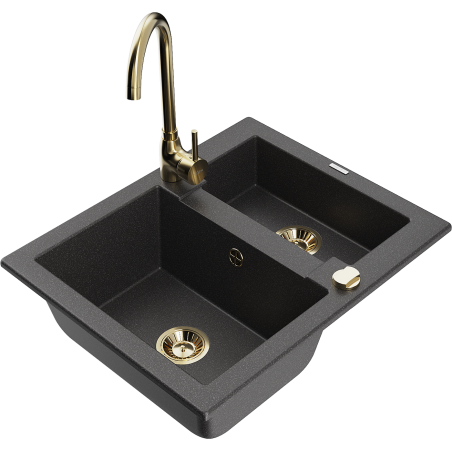 Mexen Carlos zlewozmywak granitowy 1,5-komorowy z baterią kuchenną Telma, czarny nakrapiany - 6518-76-670200-50
