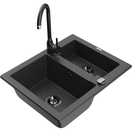 Mexen Carlos zlewozmywak granitowy 1,5-komorowy z baterią kuchenną Telma, czarny nakrapiany - 6518-76-670200-70-B