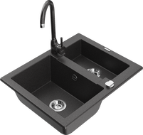 Mexen Carlos zlewozmywak granitowy 1,5-komorowy z baterią kuchenną Telma, czarny nakrapiany - 6518-76-670200-76
