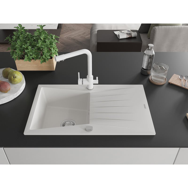 Mexen Cesar zlewozmywak granitowy 1-komorowy z ociekaczem i baterią kuchenną Duero, biały - 6514-20-671600-20