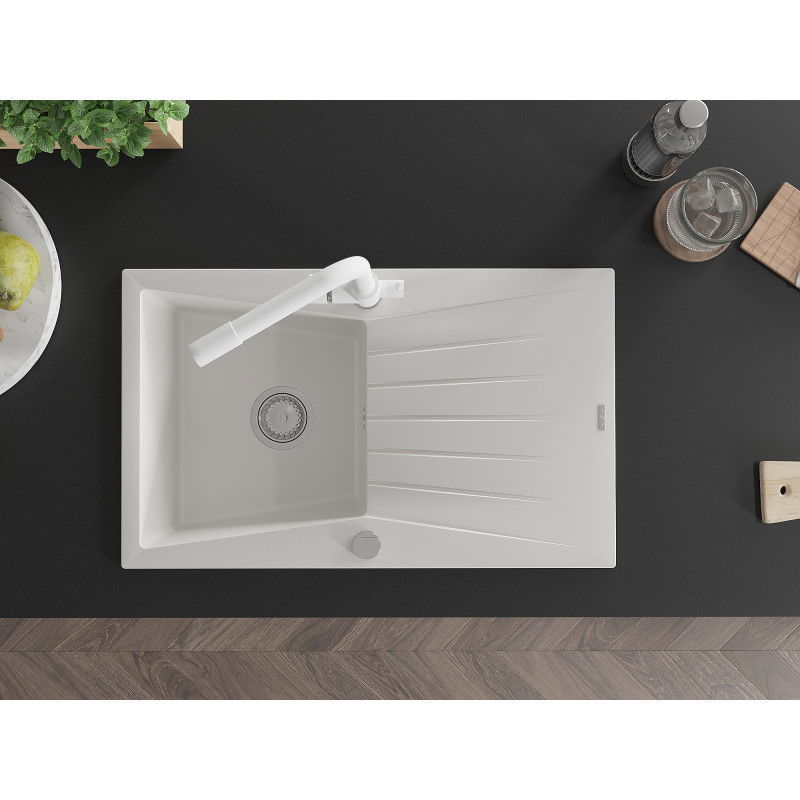 Mexen Cesar zlewozmywak granitowy 1-komorowy z ociekaczem i baterią kuchenną Duero, biały - 6514-20-671600-20