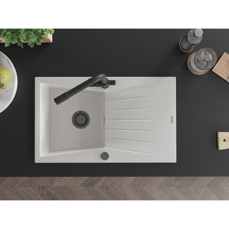 Mexen Cesar zlewozmywak granitowy 1-komorowy z ociekaczem i baterią kuchenną Duero, biały - 6514-20-671600-70