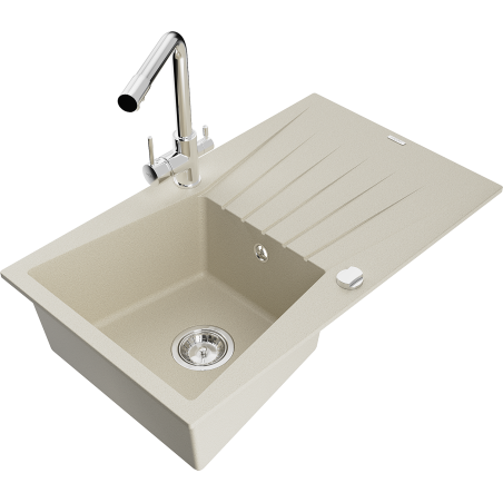 Mexen Cesar zlewozmywak granitowy 1-komorowy z ociekaczem i baterią kuchenną Duero, beżowy - 6514-69-671600-00