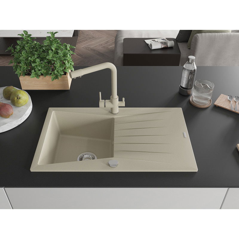 Mexen Cesar zlewozmywak granitowy 1-komorowy z ociekaczem i baterią kuchenną Duero, beżowy - 6514-69-671600-69