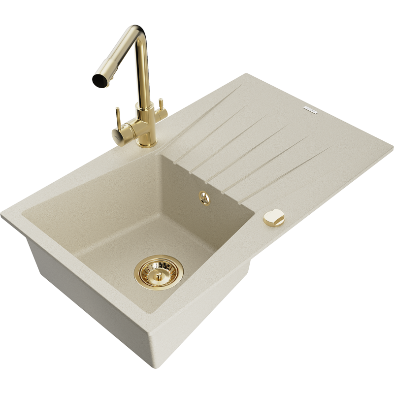 Mexen Cesar zlewozmywak granitowy 1-komorowy z ociekaczem i baterią kuchenną Duero, beżowy - 6514-69-671600-50