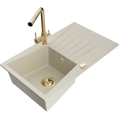 Mexen Cesar zlewozmywak granitowy 1-komorowy z ociekaczem i baterią kuchenną Duero, beżowy - 6514-69-671600-50
