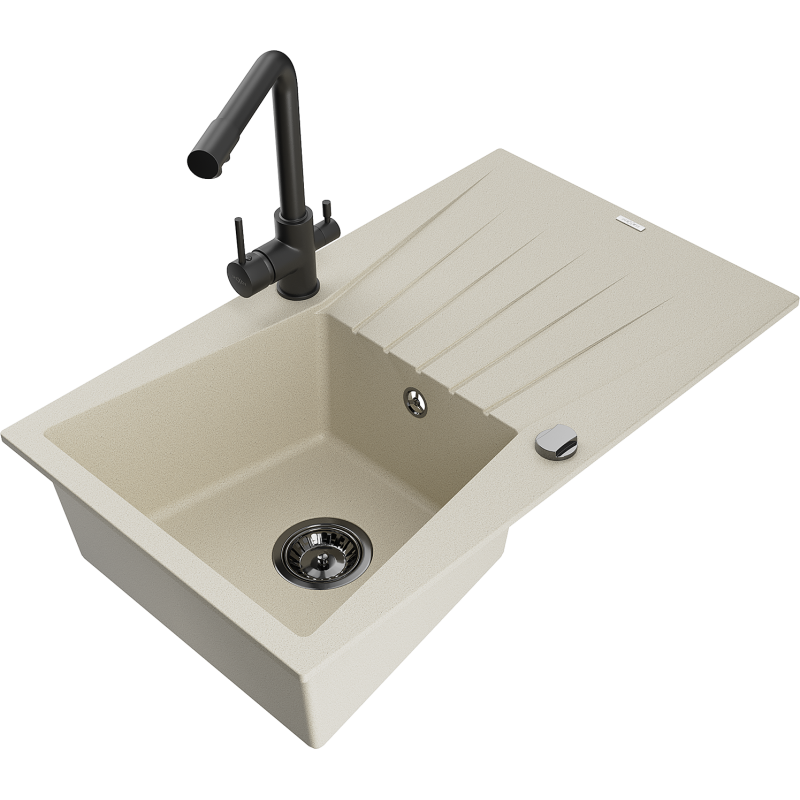 Mexen Cesar zlewozmywak granitowy 1-komorowy z ociekaczem i baterią kuchenną Duero, beżowy - 6514-69-671600-70