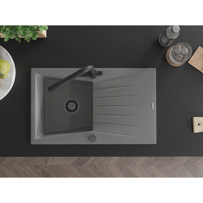 Mexen Cesar zlewozmywak granitowy 1-komorowy z ociekaczem i baterią kuchenną Duero, szary - 6514-71-671600-70-B