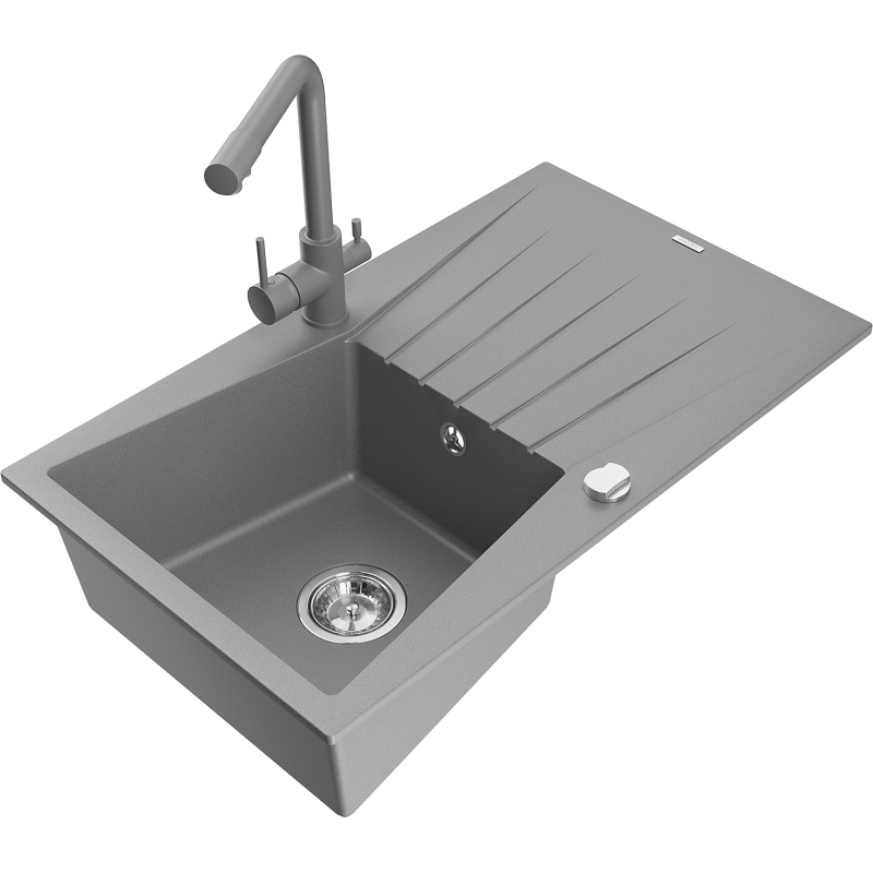 Mexen Cesar zlewozmywak granitowy 1-komorowy z ociekaczem i baterią kuchenną Duero, szary - 6514-71-671600-71