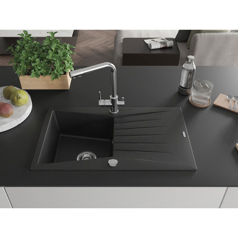 Mexen Cesar zlewozmywak granitowy 1-komorowy z ociekaczem i baterią kuchenną Duero, czarny/srebrny metalik - 6514-73-671600-00