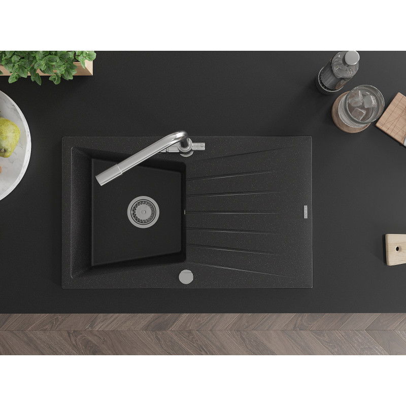 Mexen Cesar zlewozmywak granitowy 1-komorowy z ociekaczem i baterią kuchenną Duero, czarny/srebrny metalik - 6514-73-671600-00