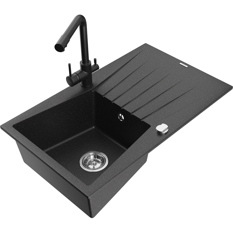 Mexen Cesar zlewozmywak granitowy 1-komorowy z ociekaczem i baterią kuchenną Duero, czarny/srebrny metalik - 6514-73-671600-70