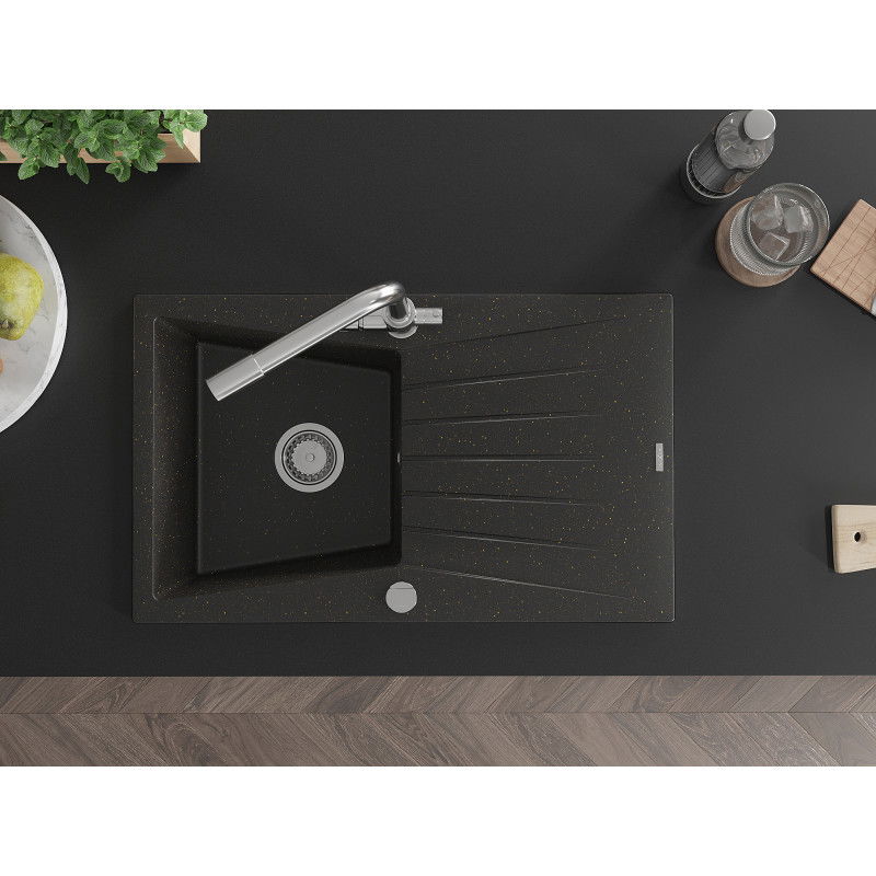 Mexen Cesar zlewozmywak granitowy 1-komorowy z ociekaczem i baterią kuchenną Duero, czarny/złoty metalik - 6514-75-671600-00