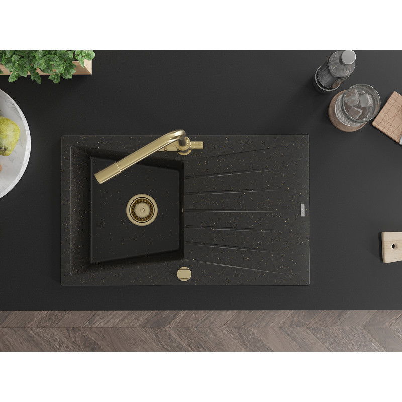 Mexen Cesar zlewozmywak granitowy 1-komorowy z ociekaczem i baterią kuchenną Duero, czarny/złoty metalik - 6514-75-671600-50