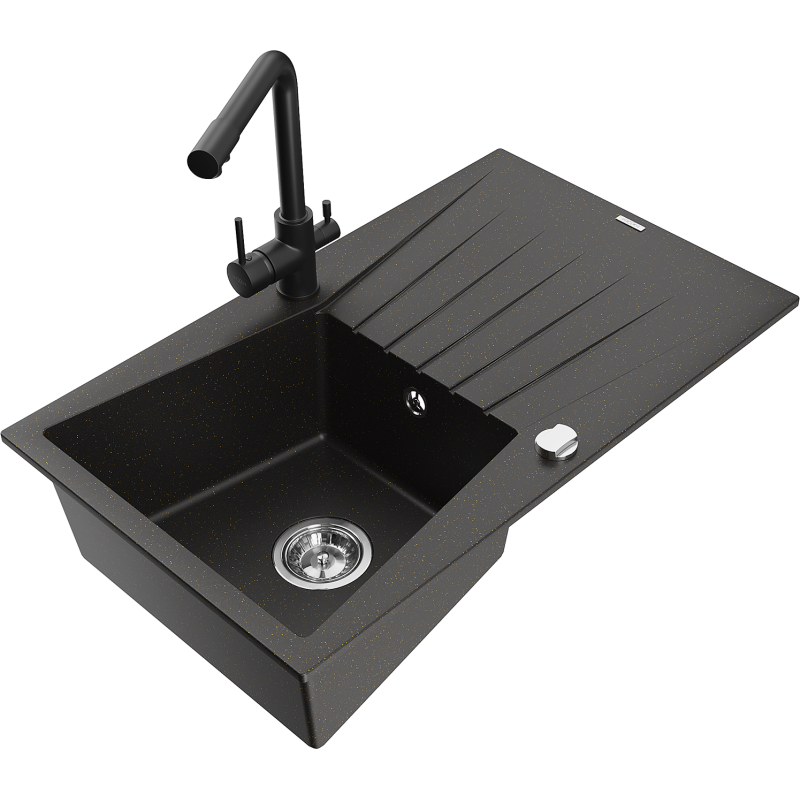 Mexen Cesar zlewozmywak granitowy 1-komorowy z ociekaczem i baterią kuchenną Duero, czarny/złoty metalik - 6514-75-671600-70