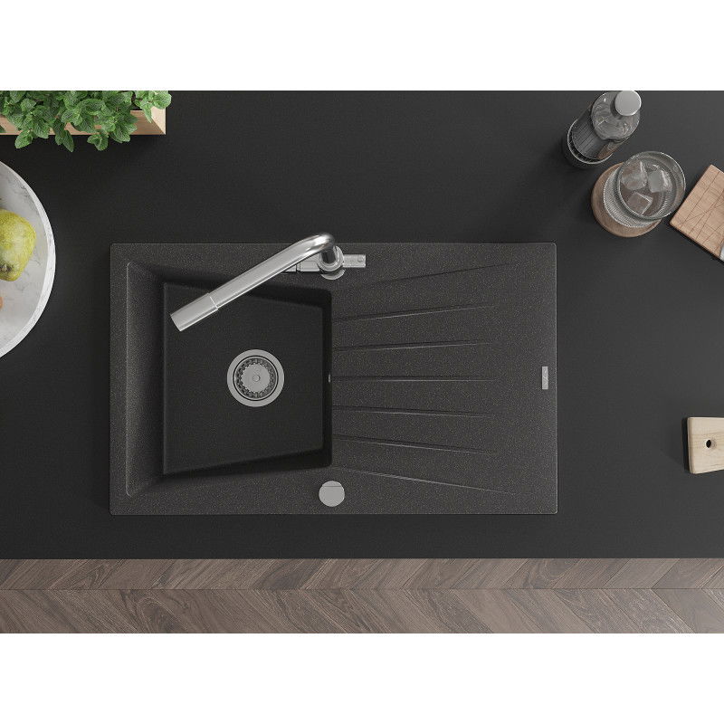 Mexen Cesar zlewozmywak granitowy 1-komorowy z ociekaczem i baterią kuchenną Duero, czarny nakrapiany - 6514-76-671600-00