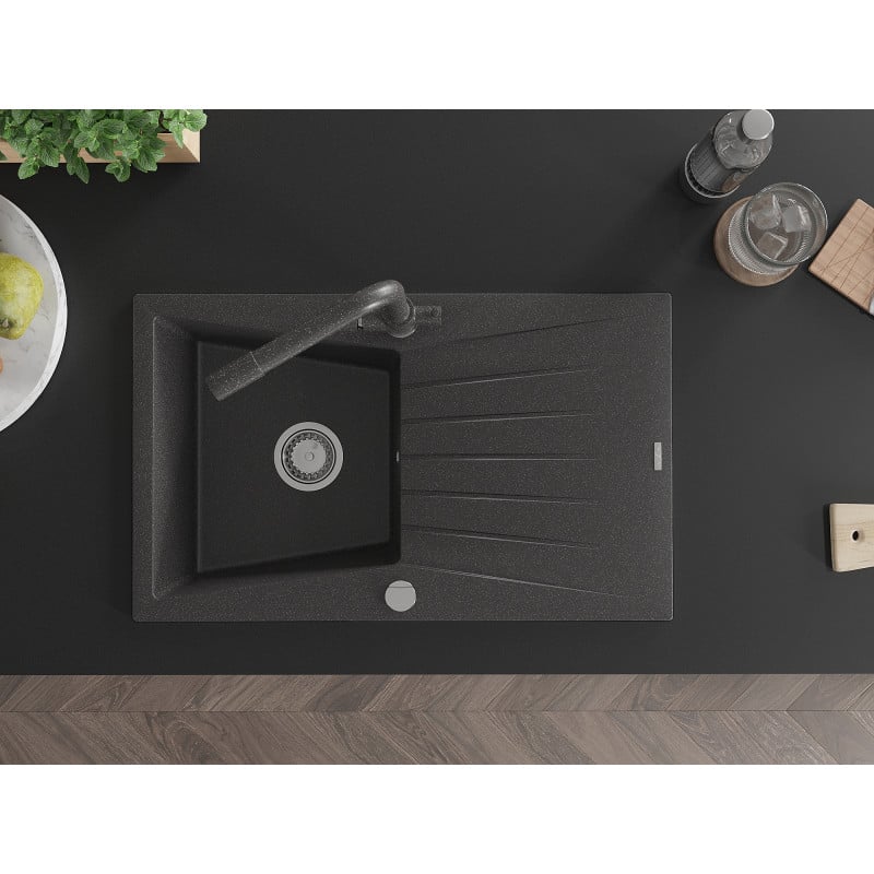 Mexen Cesar zlewozmywak granitowy 1-komorowy z ociekaczem i baterią kuchenną Duero, czarny nakrapiany - 6514-76-671600-76