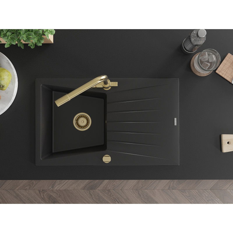 Mexen Cesar zlewozmywak granitowy 1-komorowy z ociekaczem i baterią kuchenną Duero, czarny - 6514-77-671600-50