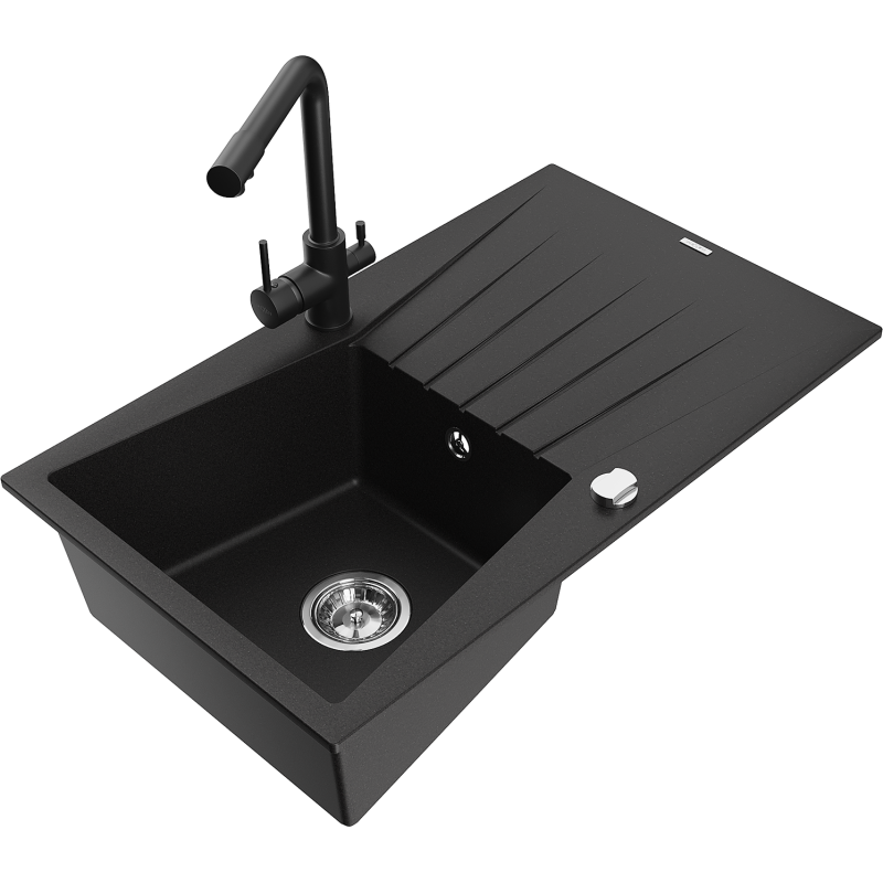 Mexen Cesar zlewozmywak granitowy 1-komorowy z ociekaczem i baterią kuchenną Duero, czarny - 6514-77-671600-70