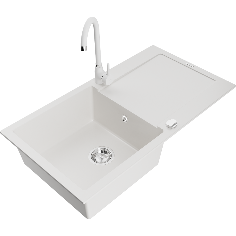 Mexen Leo zlewozmywak granitowy 1-komorowy z ociekaczem i baterią kuchenną Telma, biały - 6501-20-670200-20