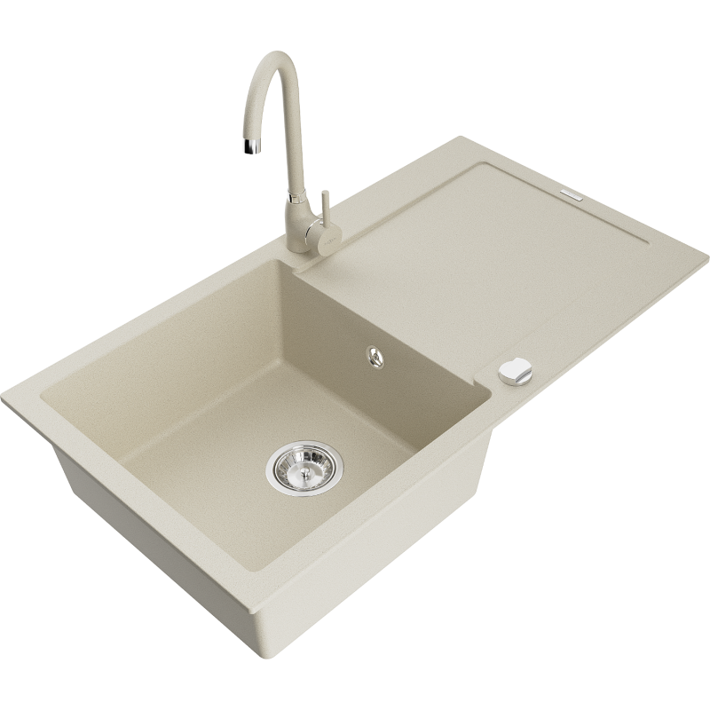 Mexen Leo zlewozmywak granitowy 1-komorowy z ociekaczem i baterią kuchenną Telma, beżowy - 6501-69-670200-69