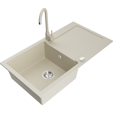 Mexen Leo zlewozmywak granitowy 1-komorowy z ociekaczem i baterią kuchenną Telma, beżowy - 6501-69-670200-69