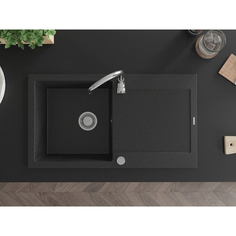 Mexen Leo zlewozmywak granitowy 1-komorowy z ociekaczem i baterią kuchenną Telma, czarny/srebrny metalik - 6501-73-670200-00