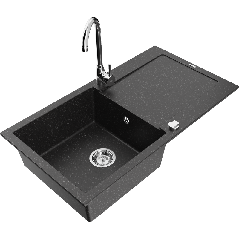 Mexen Leo zlewozmywak granitowy 1-komorowy z ociekaczem i baterią kuchenną Telma, czarny/srebrny metalik - 6501-73-670200-00