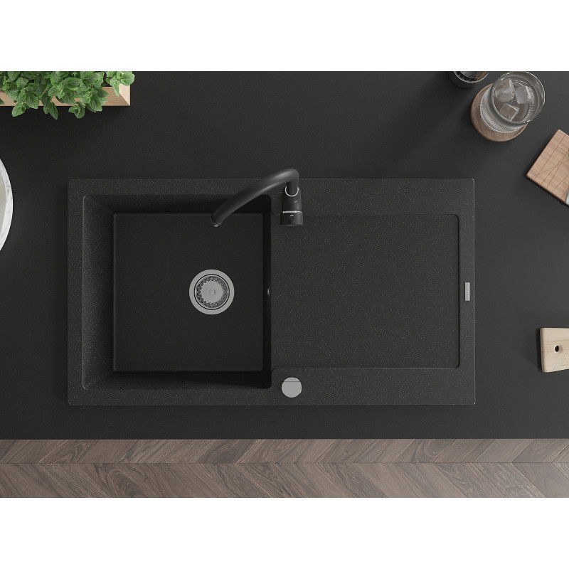 Mexen Leo zlewozmywak granitowy 1-komorowy z ociekaczem i baterią kuchenną Telma, czarny/srebrny metalik - 6501-73-670200-70