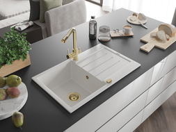 Mexen Bruno zlewozmywak granitowy 1-komorowy z ociekaczem i baterią kuchenną Duero, biały - 6513-20-671600-50