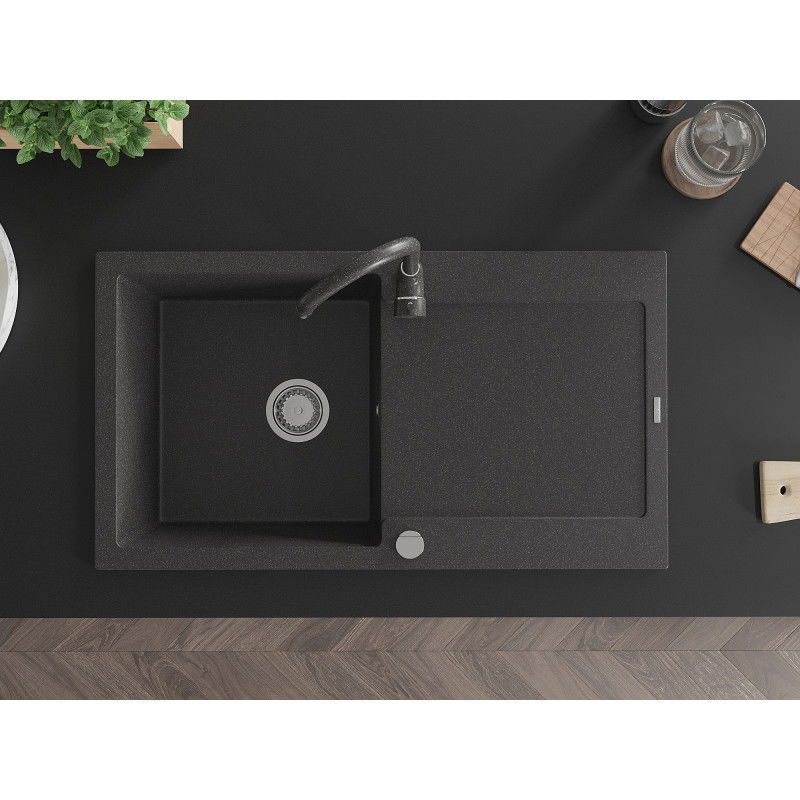 Mexen Leo zlewozmywak granitowy 1-komorowy z ociekaczem i baterią kuchenną Telma, czarny nakrapiany - 6501-76-670200-76