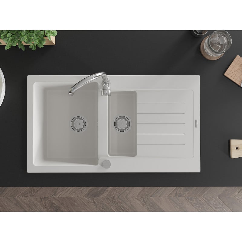 Mexen Matias zlewozmywak granitowy 1,5-komorowy z ociekaczem i baterią kuchenną Telma, biały - 6502-20-670200-00
