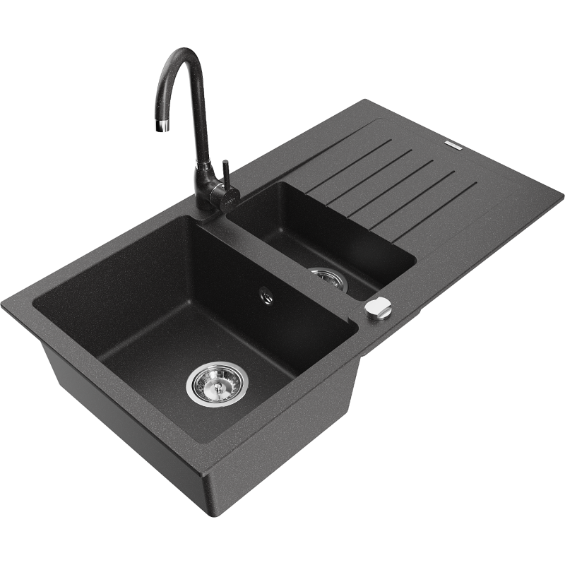 Mexen Matias zlewozmywak granitowy 1,5-komorowy z ociekaczem i baterią kuchenną Telma, czarny nakrapiany - 6502-76-670200-76