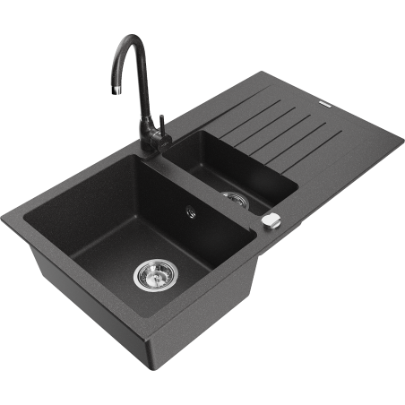 Mexen Matias zlewozmywak granitowy 1,5-komorowy z ociekaczem i baterią kuchenną Telma, czarny nakrapiany - 6502-76-670200-76