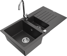 Mexen Matias zlewozmywak granitowy 1,5-komorowy z ociekaczem i baterią kuchenną Telma, czarny nakrapiany - 6502-76-670200-00