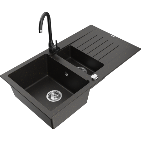 Mexen Matias zlewozmywak granitowy 1,5-komorowy z ociekaczem i baterią kuchenną Telma, czarny/złoty - 6502-75-670200-70