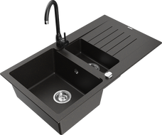 Mexen Matias zlewozmywak granitowy 1,5-komorowy z ociekaczem i baterią kuchenną Telma, czarny/złoty - 6502-75-670200-70